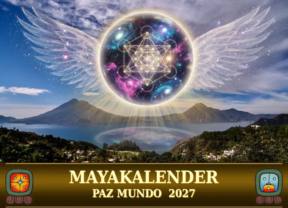 Titelbild des Mayakalenders PAZ MUNDO 2027: eine leuchtende Kugel mit heiliger Geometrie und Flügeln über dem Atitlánsee