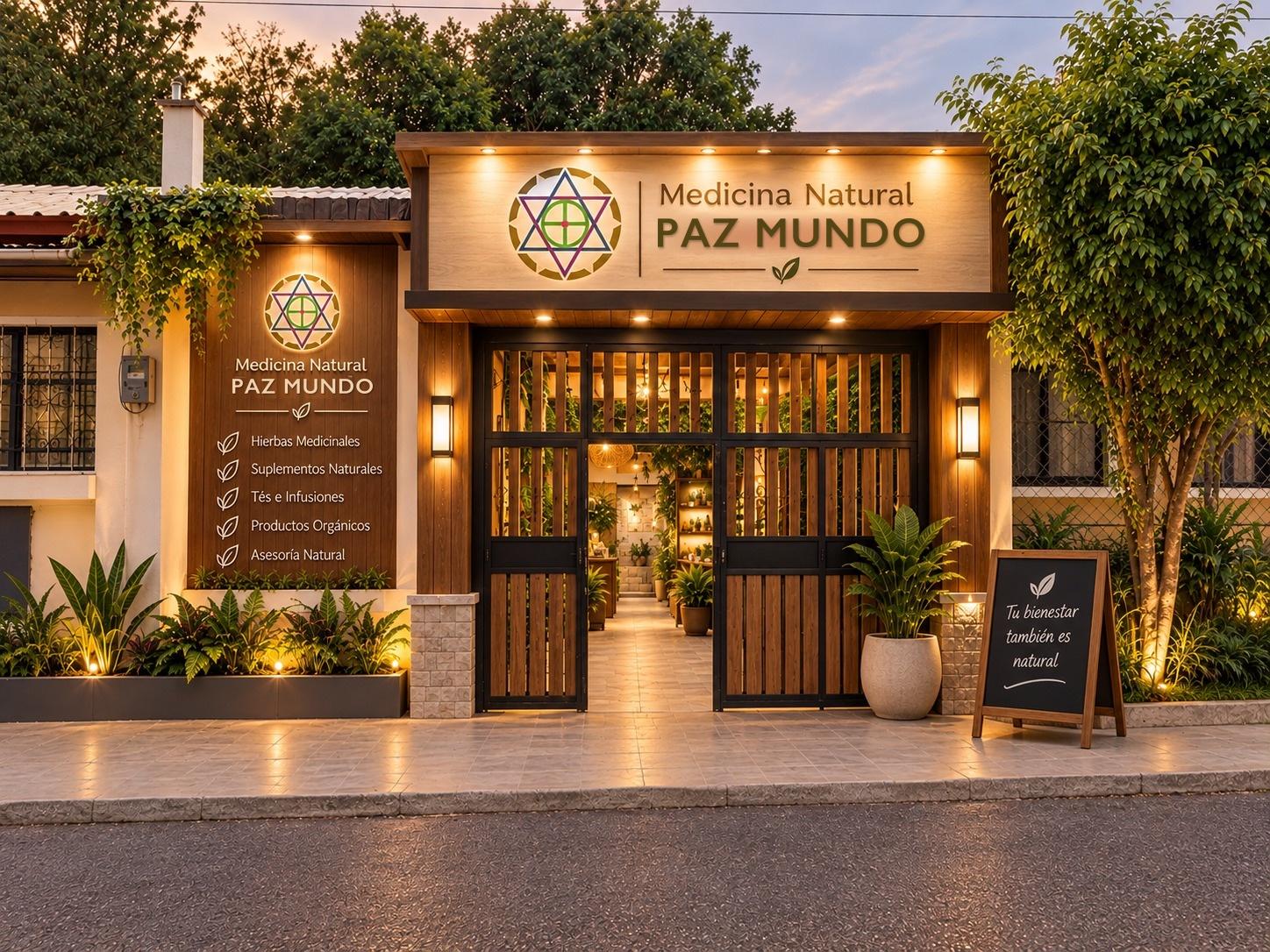 Entwurf des Eingangs: ein hell beleuchtetes Holzportal mit dem Schriftzug „Medicina Natural PAZ MUNDO“, Pflanzen und einer Tafel „Tu bienestar también es natural“